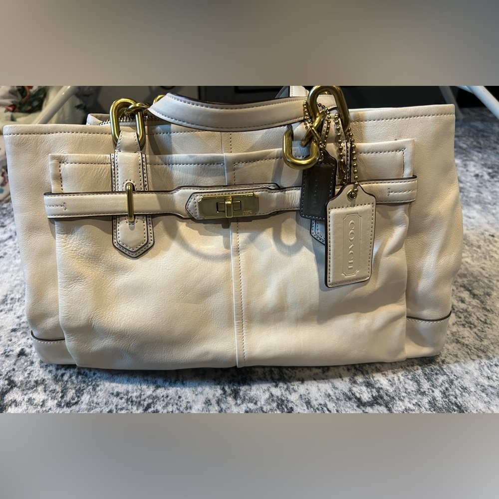 Coach Ivory Leather Satchel with Brushed Gold Accents